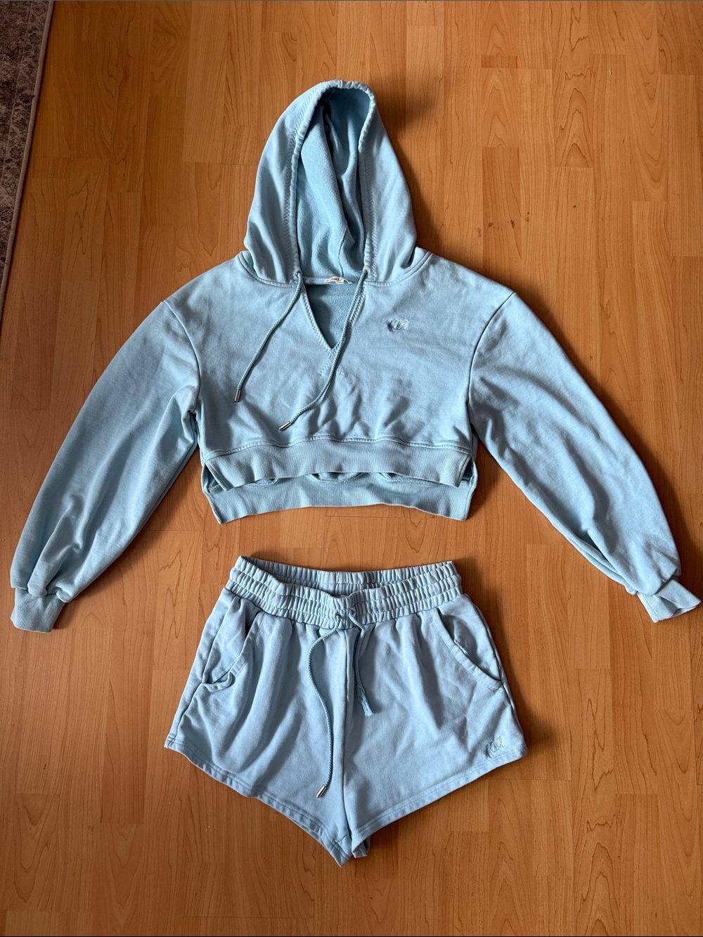 For Love & Lemons Blue Cropped Hoodie and Shorts Set